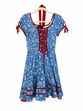Voodoo Vixen Blue Floral Dress with Red Trim Medium